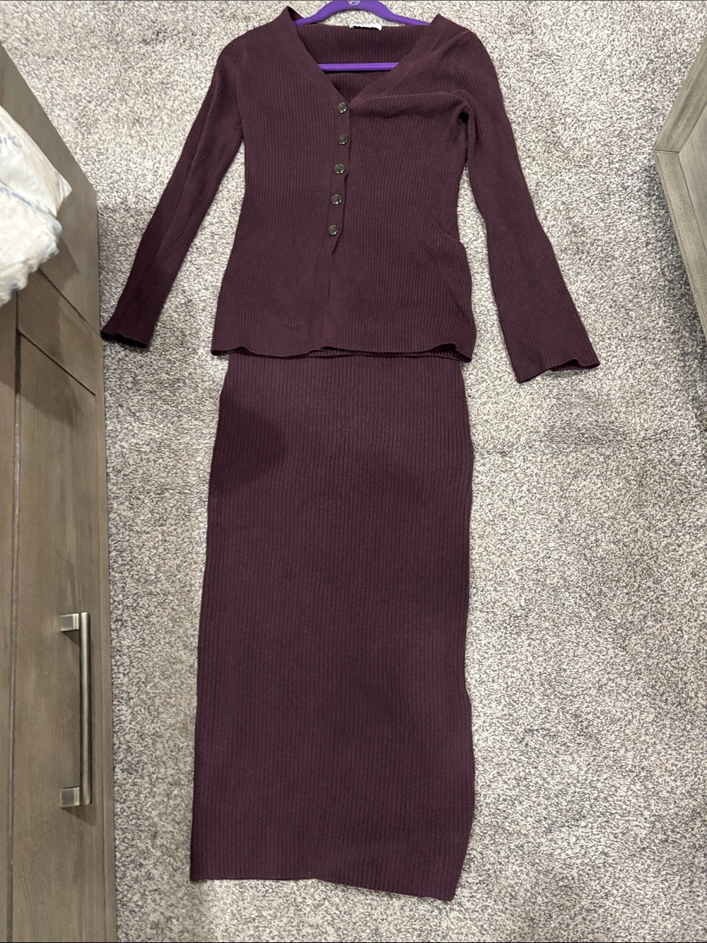 Classic Ribbed Sweater & Knit Midi Skirt -Plum